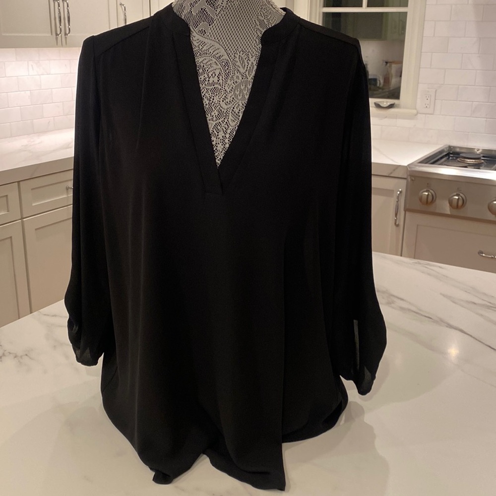 Lush | Lightweight Tunic Style Sheer Black Top | V Neck Rolled Sleeves | Size XL